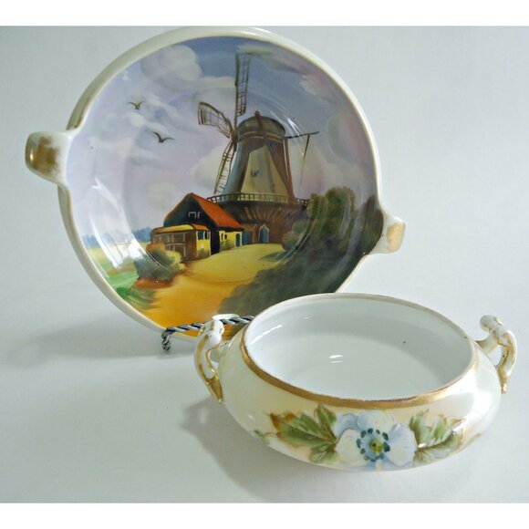 Nippon Serving Bowl Windmill & Royal Art China Candy Dish Hand Painted 1930's - Picture 1 of 7